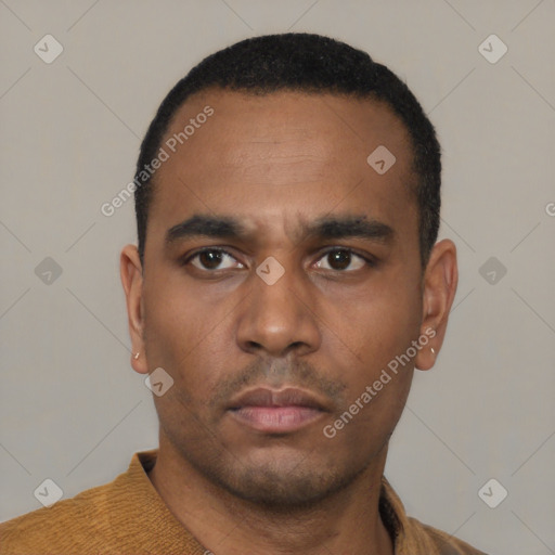 Neutral latino young-adult male with short  black hair and brown eyes