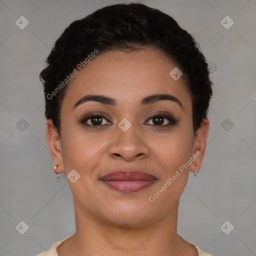 Joyful latino young-adult female with short  brown hair and brown eyes