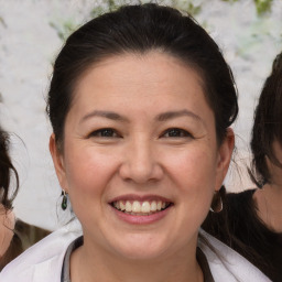 Joyful white adult female with medium  brown hair and brown eyes