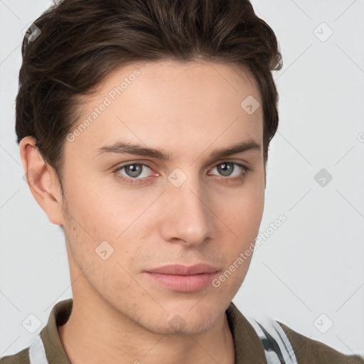 Neutral white young-adult male with short  brown hair and brown eyes