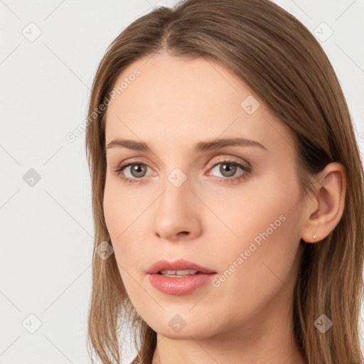 Neutral white young-adult female with long  brown hair and grey eyes