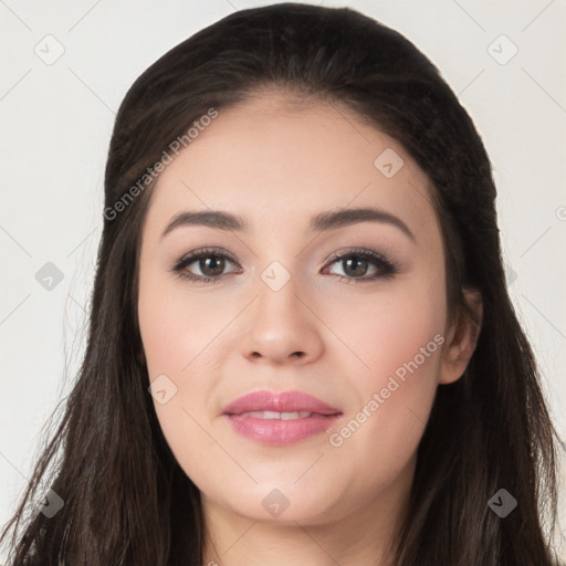 Joyful white young-adult female with long  black hair and brown eyes