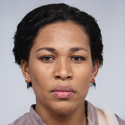 Neutral latino adult female with short  black hair and brown eyes