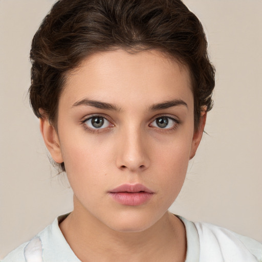 Neutral white young-adult female with medium  brown hair and brown eyes