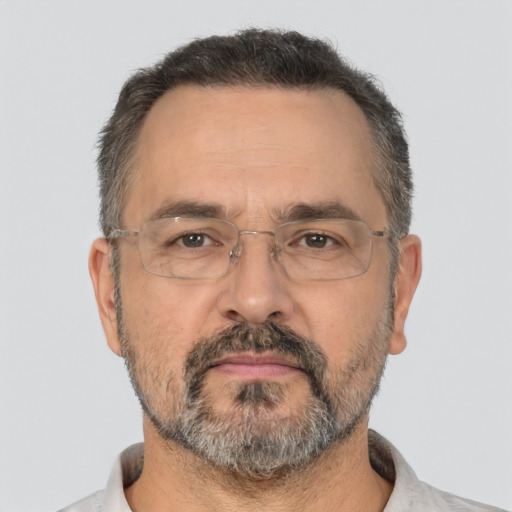 Neutral white middle-aged male with short  brown hair and brown eyes