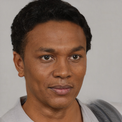 Neutral black adult male with short  black hair and brown eyes