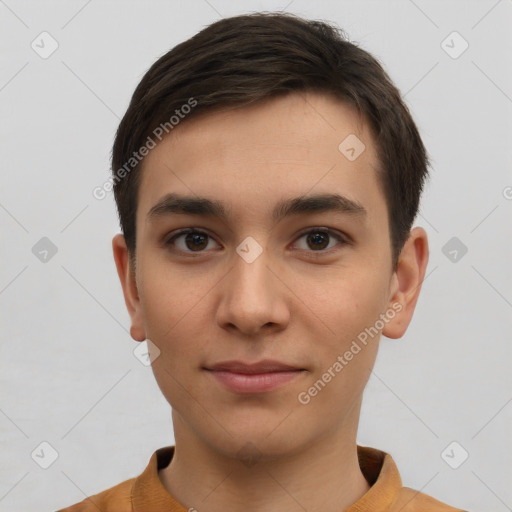 Neutral white young-adult male with short  brown hair and brown eyes