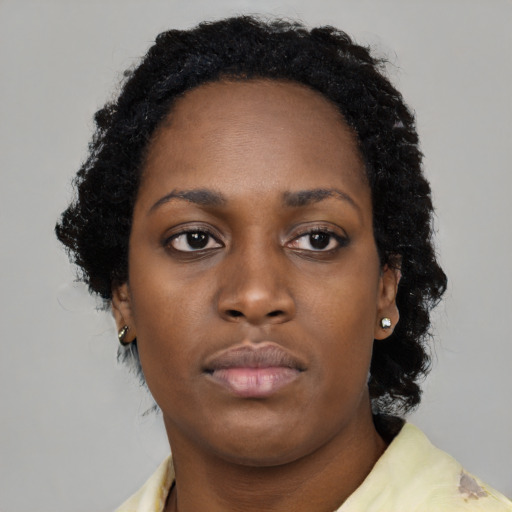 Neutral black young-adult female with medium  brown hair and brown eyes