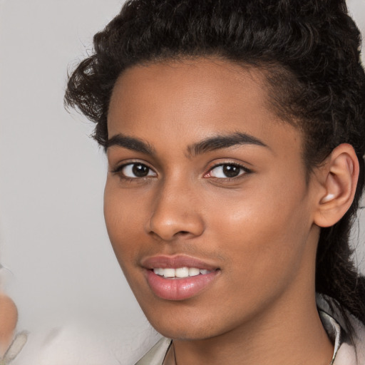 Joyful white young-adult female with medium  black hair and brown eyes