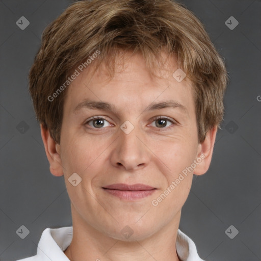 Joyful white adult male with short  brown hair and grey eyes