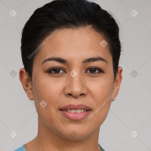 Joyful white young-adult female with short  brown hair and brown eyes