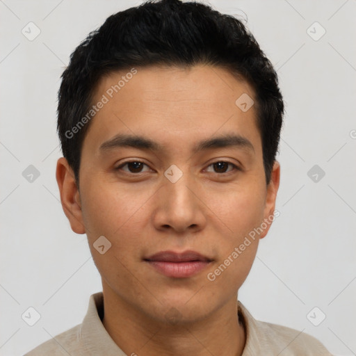 Neutral asian young-adult male with short  black hair and brown eyes