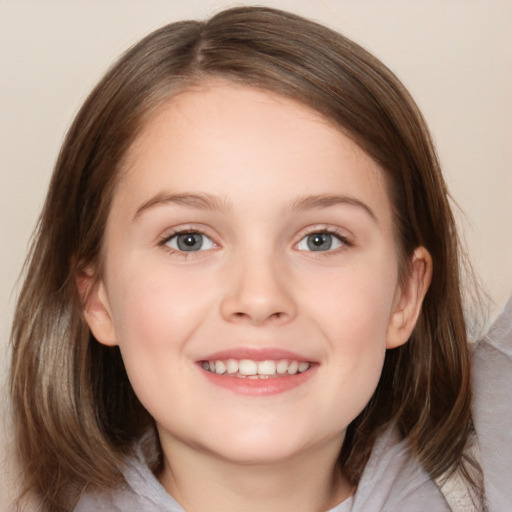 Joyful white child female with medium  brown hair and brown eyes