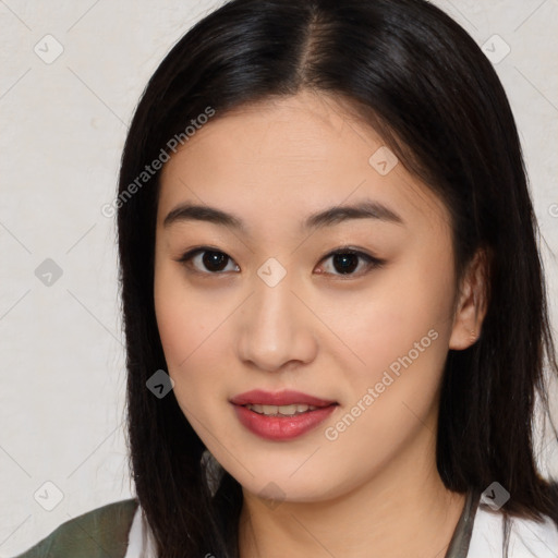 Joyful asian young-adult female with medium  black hair and brown eyes