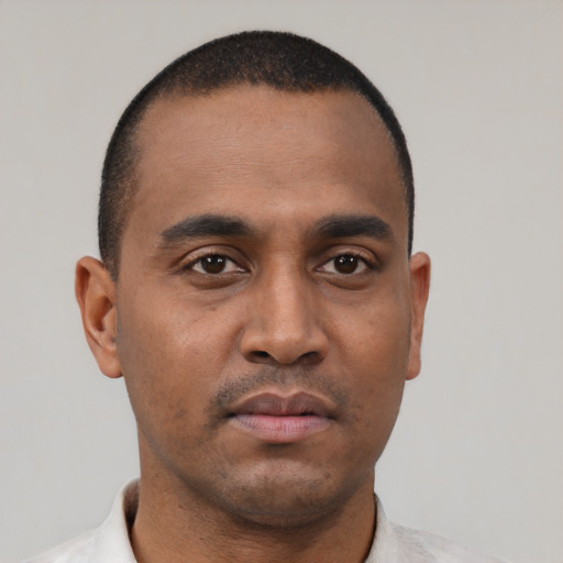 Neutral black young-adult male with short  black hair and brown eyes
