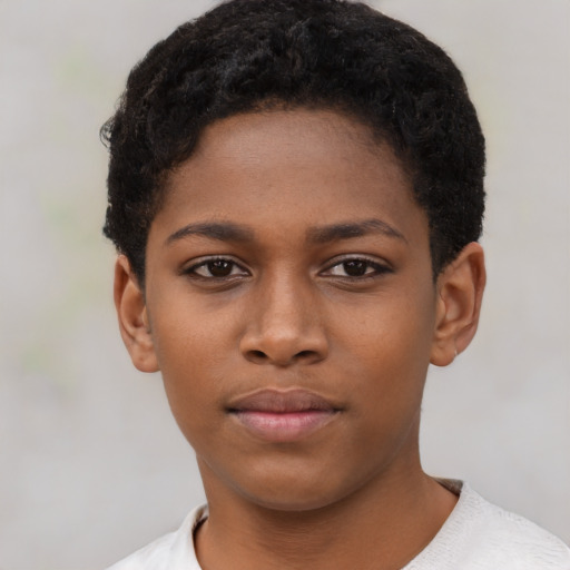 Neutral black young-adult female with short  black hair and brown eyes