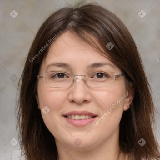 Joyful white adult female with medium  brown hair and brown eyes