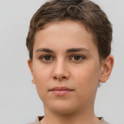 Neutral white young-adult female with short  brown hair and brown eyes