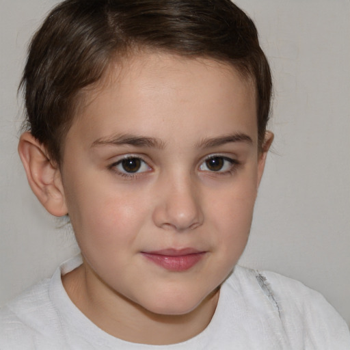 Joyful white child female with short  brown hair and brown eyes