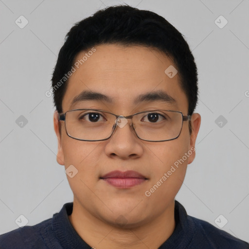 Neutral asian young-adult male with short  black hair and brown eyes