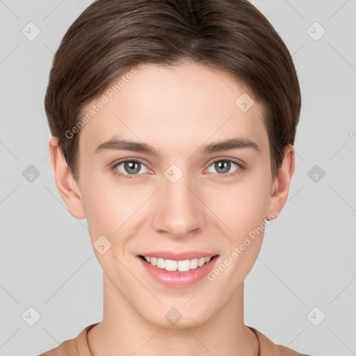 Joyful white young-adult female with short  brown hair and brown eyes