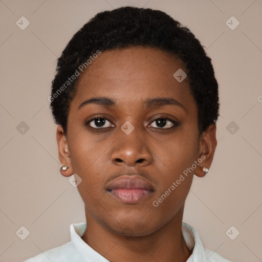 Neutral black young-adult female with short  black hair and brown eyes