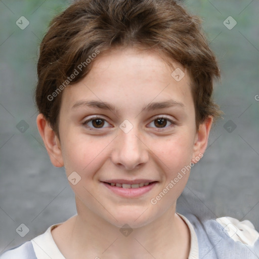 Joyful white child female with short  brown hair and brown eyes