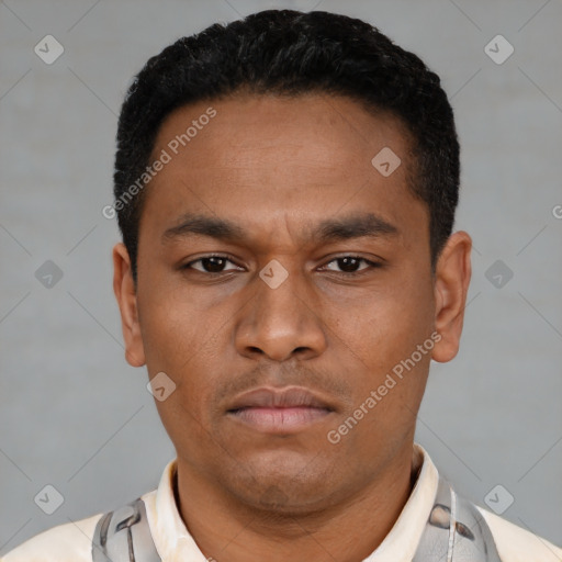 Neutral latino young-adult male with short  black hair and brown eyes