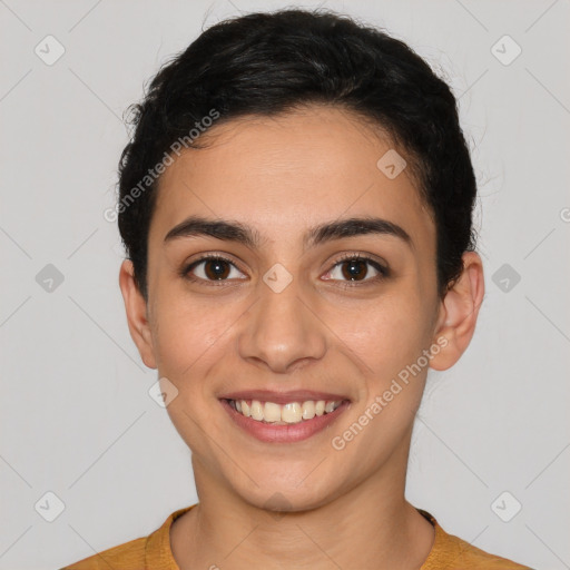 Joyful white young-adult female with short  brown hair and brown eyes