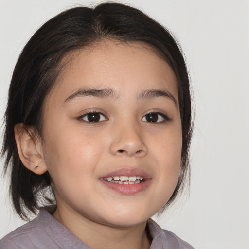 Joyful white child female with medium  brown hair and brown eyes