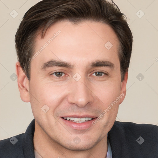 Joyful white young-adult male with short  brown hair and brown eyes