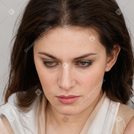 Neutral white young-adult female with medium  brown hair and brown eyes