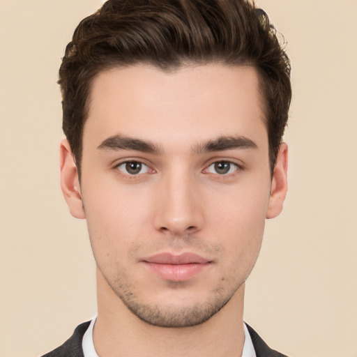 Neutral white young-adult male with short  brown hair and brown eyes