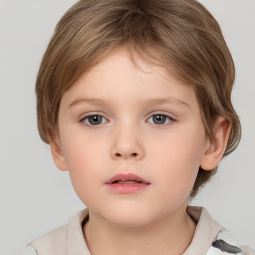 Neutral white child female with medium  brown hair and grey eyes