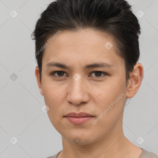 Joyful white young-adult female with short  brown hair and brown eyes