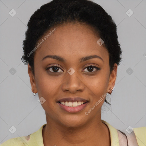 Joyful latino young-adult female with short  black hair and brown eyes