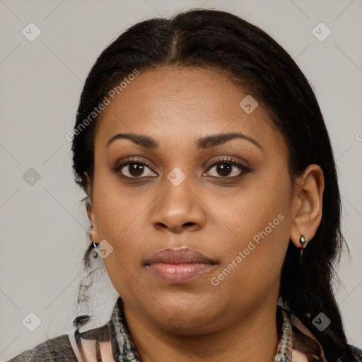 Joyful latino young-adult female with medium  black hair and brown eyes