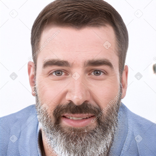 Joyful white adult male with short  brown hair and grey eyes