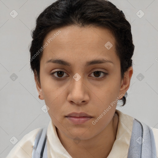 Neutral white young-adult female with short  brown hair and brown eyes