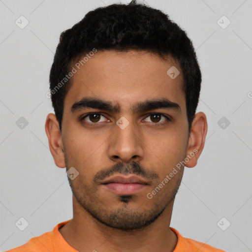 Neutral latino young-adult male with short  black hair and brown eyes