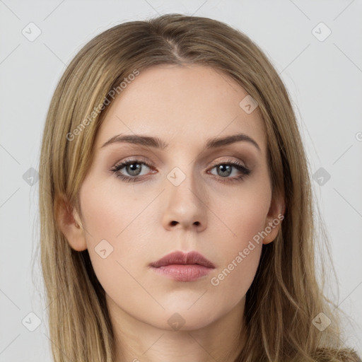 Neutral white young-adult female with long  brown hair and grey eyes