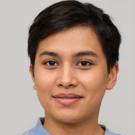 Joyful asian young-adult female with short  brown hair and brown eyes