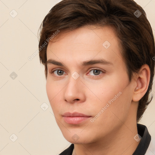 Neutral white young-adult male with short  brown hair and brown eyes