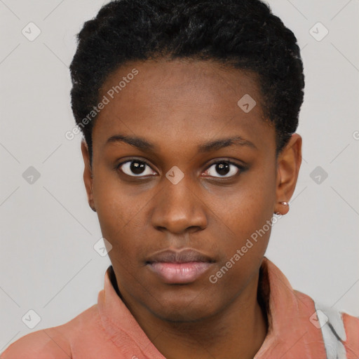 Neutral black young-adult female with short  black hair and brown eyes