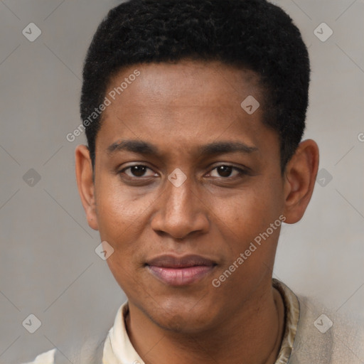 Joyful black young-adult male with short  black hair and brown eyes