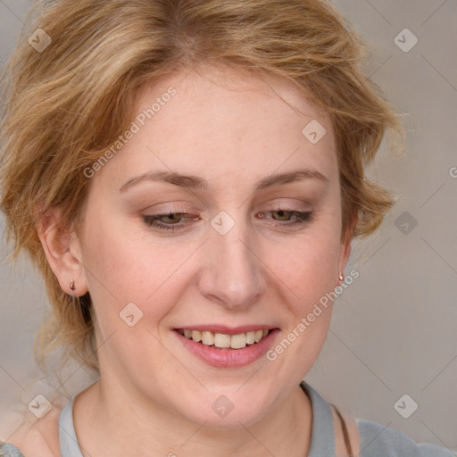 Joyful white young-adult female with medium  brown hair and blue eyes