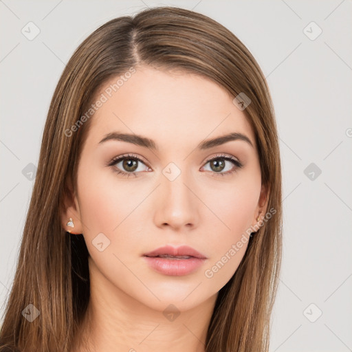 Neutral white young-adult female with long  brown hair and brown eyes