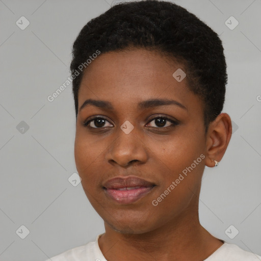 Joyful black young-adult female with short  black hair and brown eyes