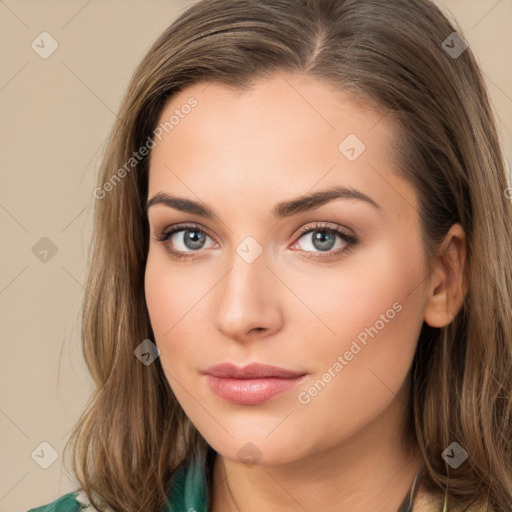 Neutral white young-adult female with long  brown hair and brown eyes