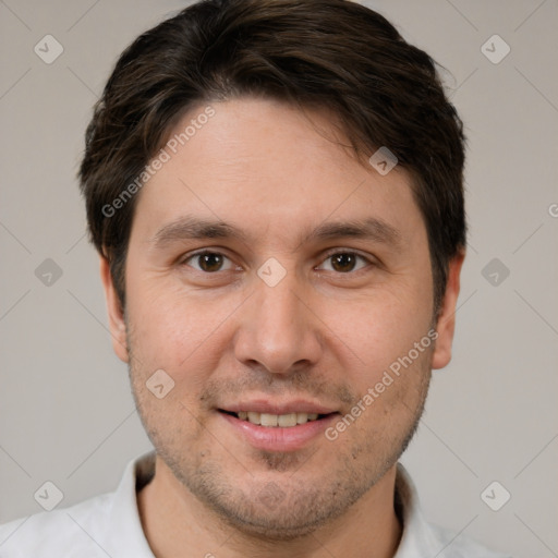 Joyful white young-adult male with short  brown hair and brown eyes